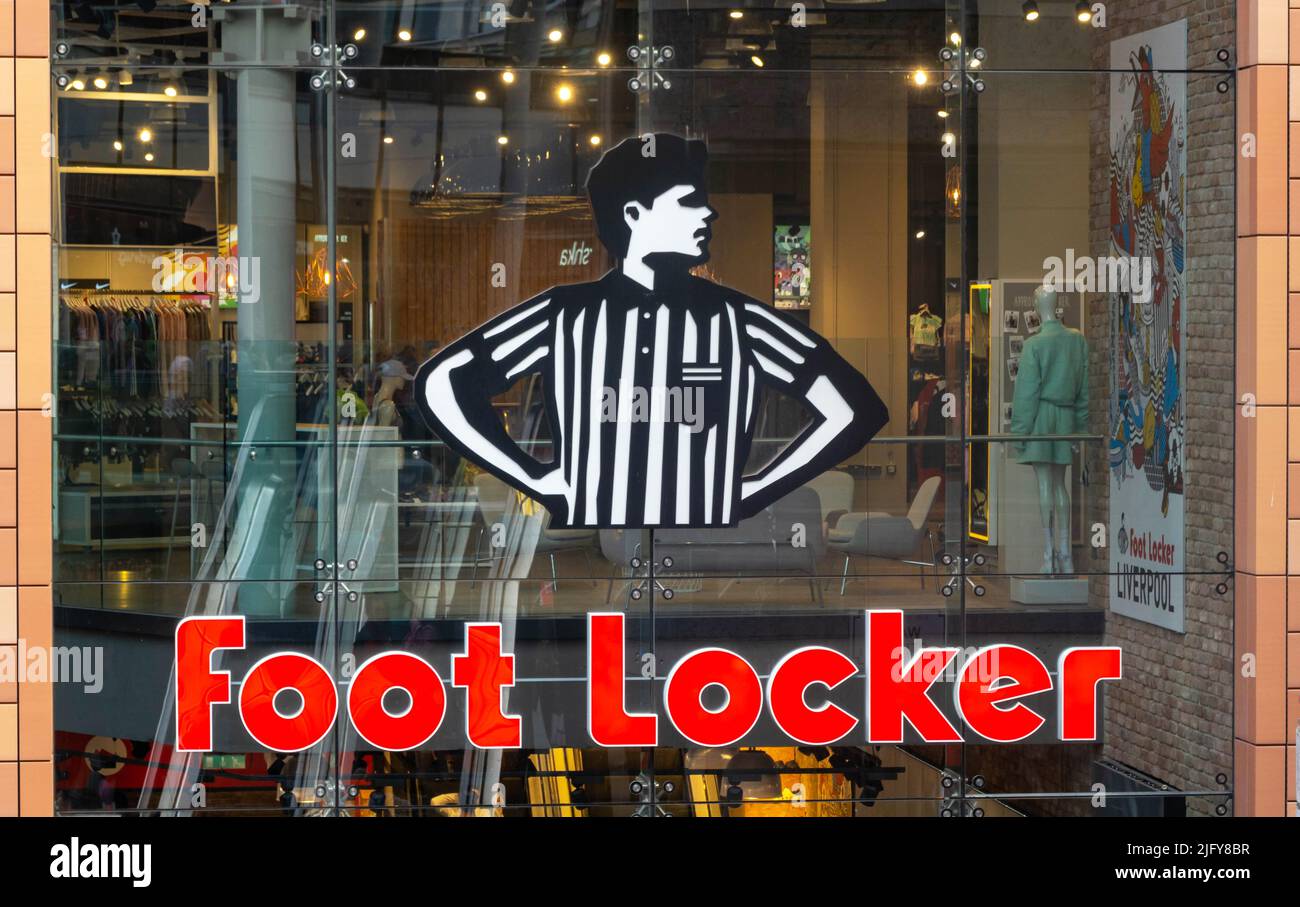 Foot Locker sign over the entrance to the store in Liverpool ONE shopping centre Stock Photo