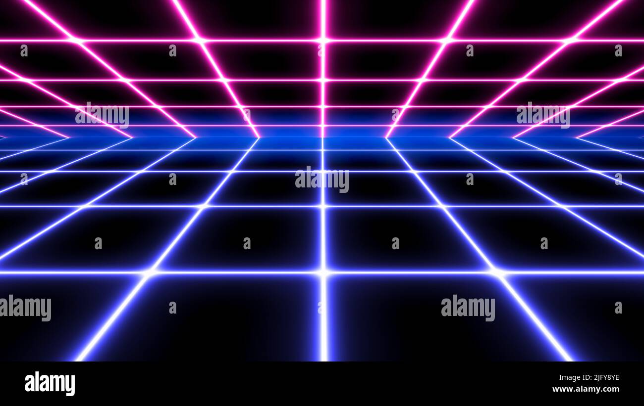 Neon grid background. Futuristic digital syntwave colored lines on a ...