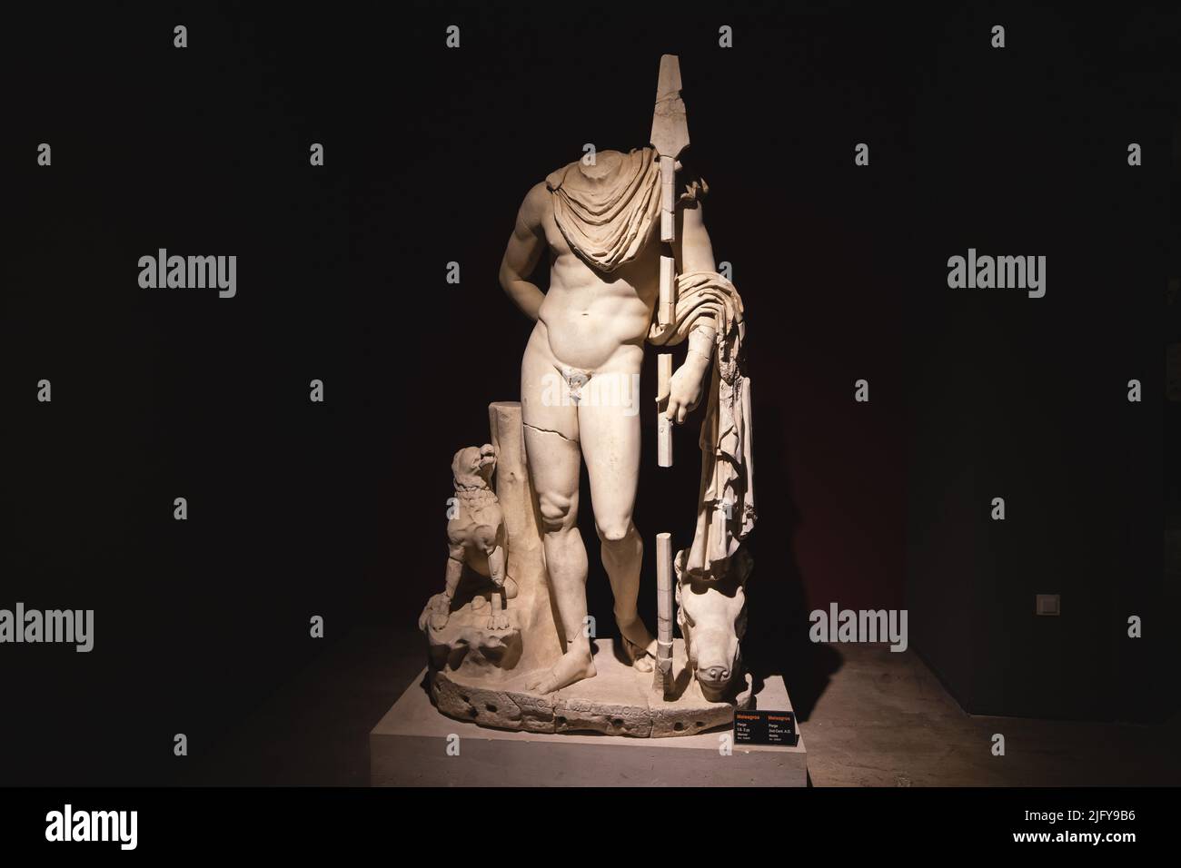 28 May 2022, Antalya, Turkey Statue of a Meleagros hero in greek