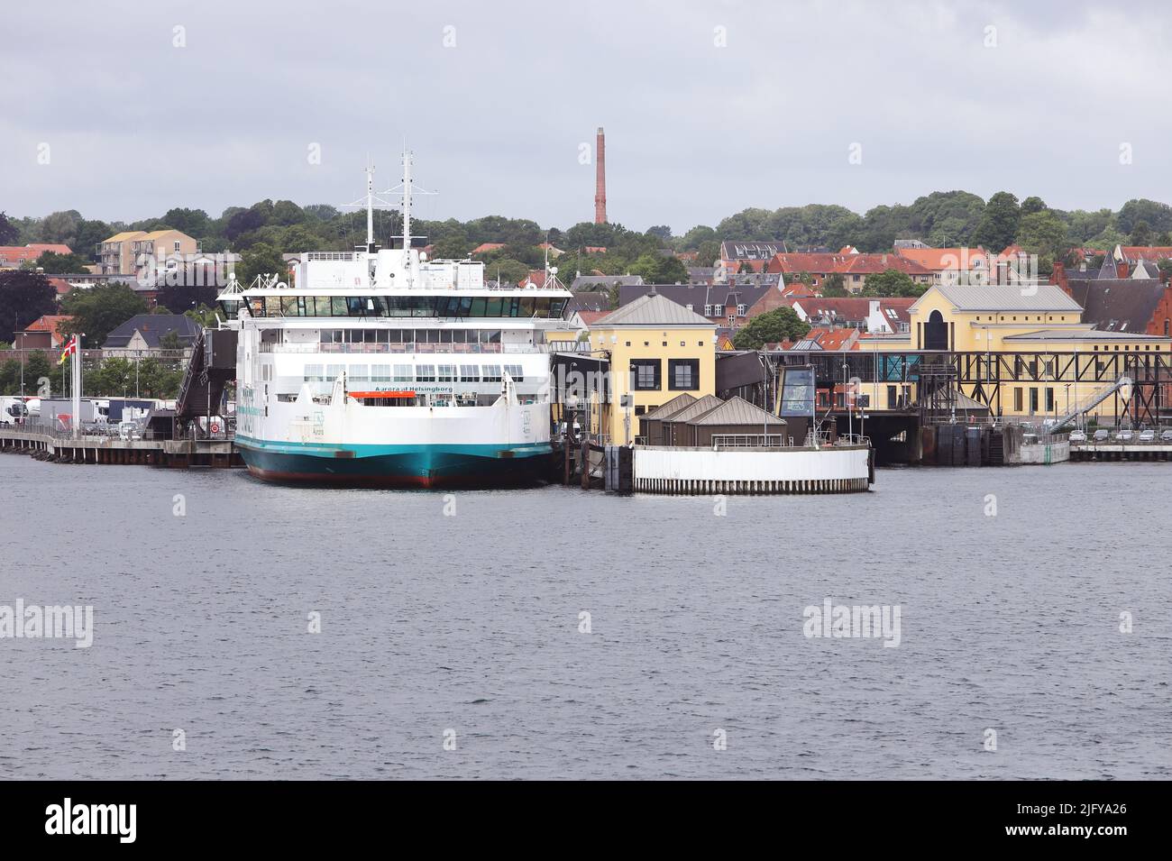 Helsingor, Denmark - June 14, 2022: Ferry berth in Helsingor operating the international car ferry route to Helsingborg in Sweden. Stock Photo