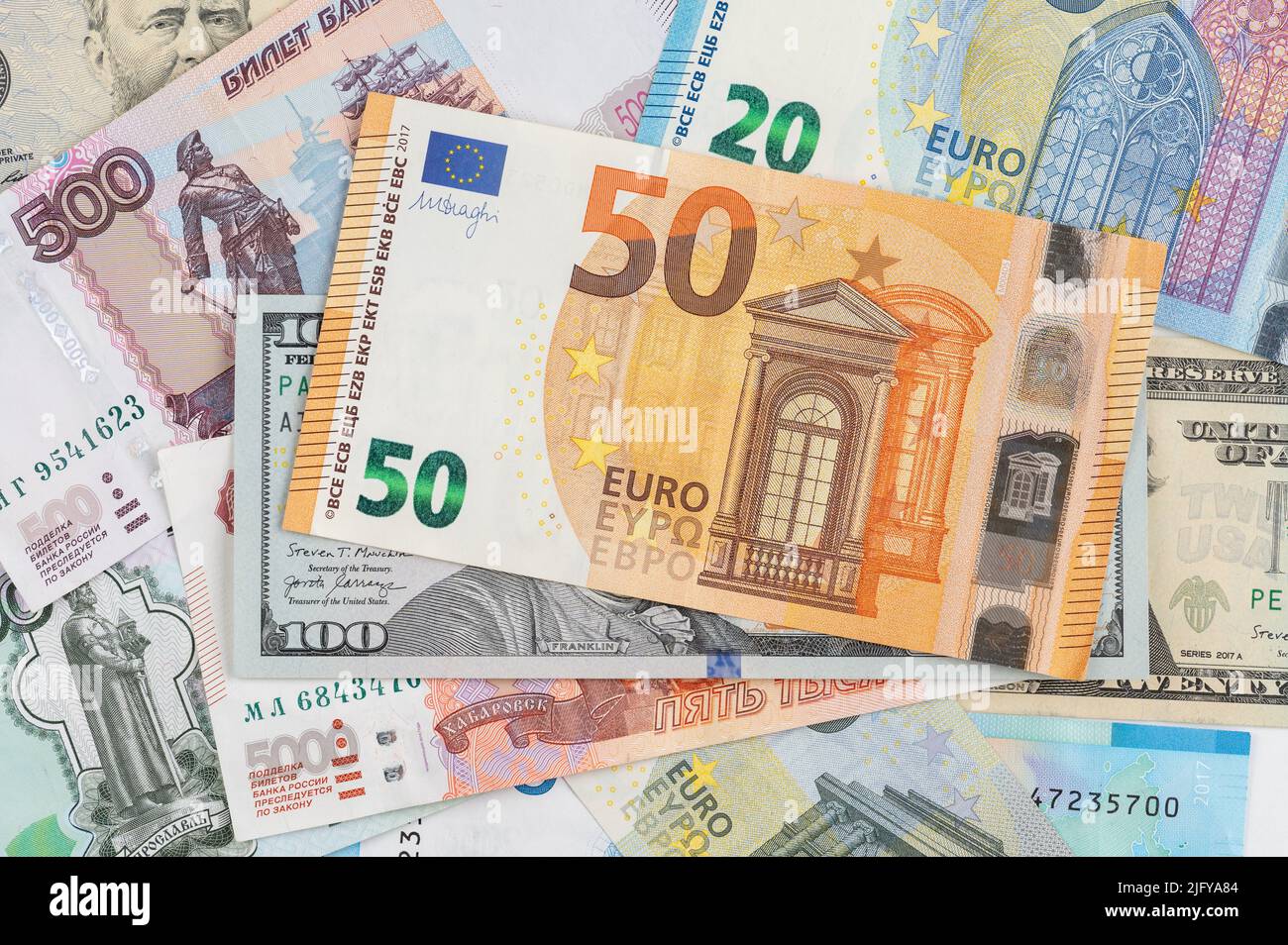 Money background from different countries: dollars, euros, rubles. International currencies. 50 euro Stock Photo