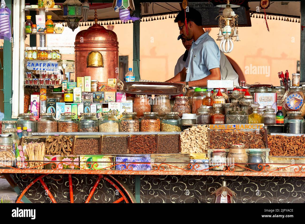 Morocco Marrakesh. Tea and spices stall at the market Stock Photo