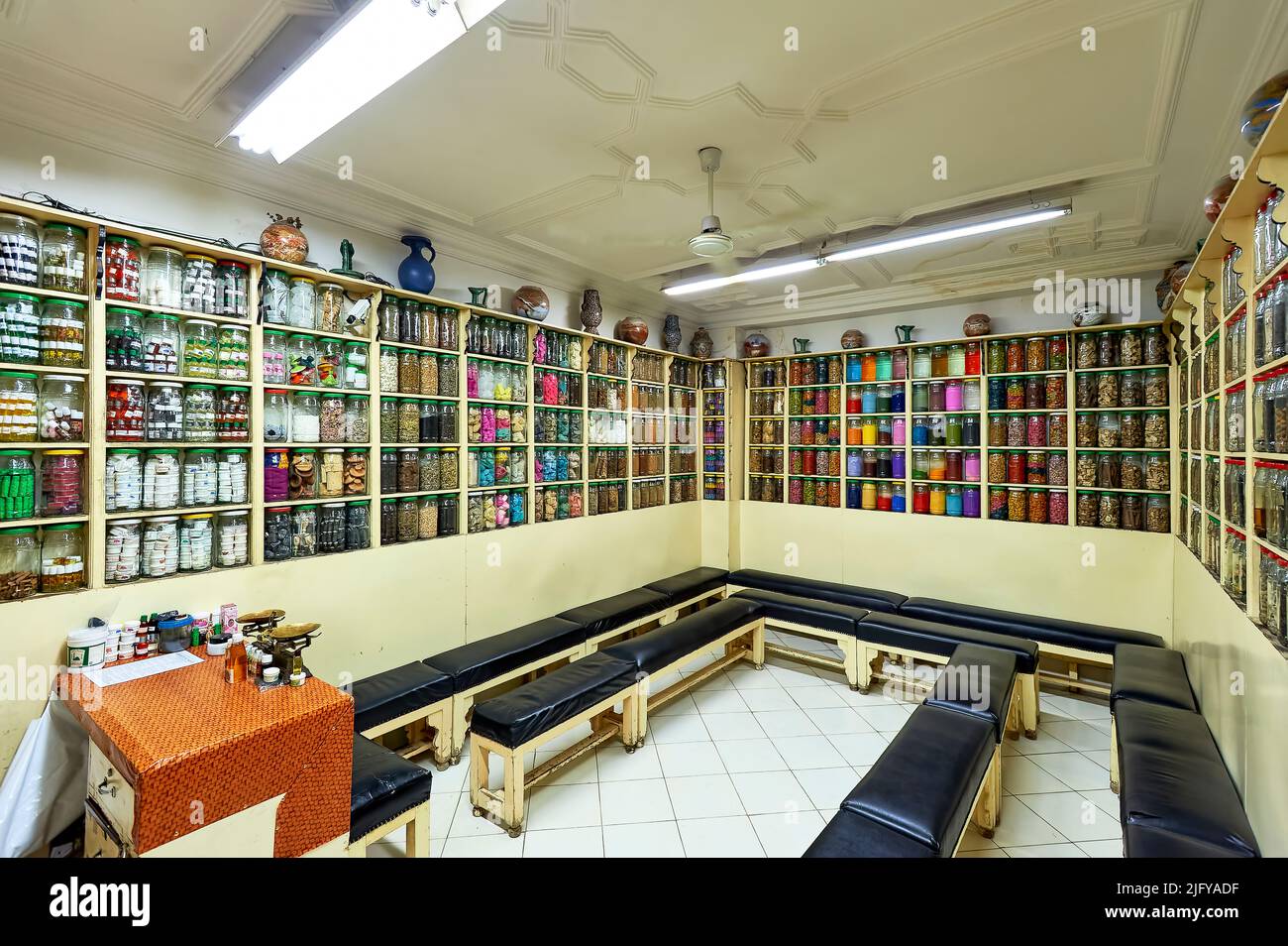 Morocco Marrakesh. Herbal medicine shop Stock Photo