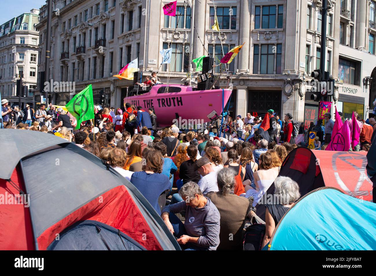 Climate change protesters at the Extinction Rebellion demonstration, central London, in protest of world climate breakdown and ecological collapse. Stock Photo