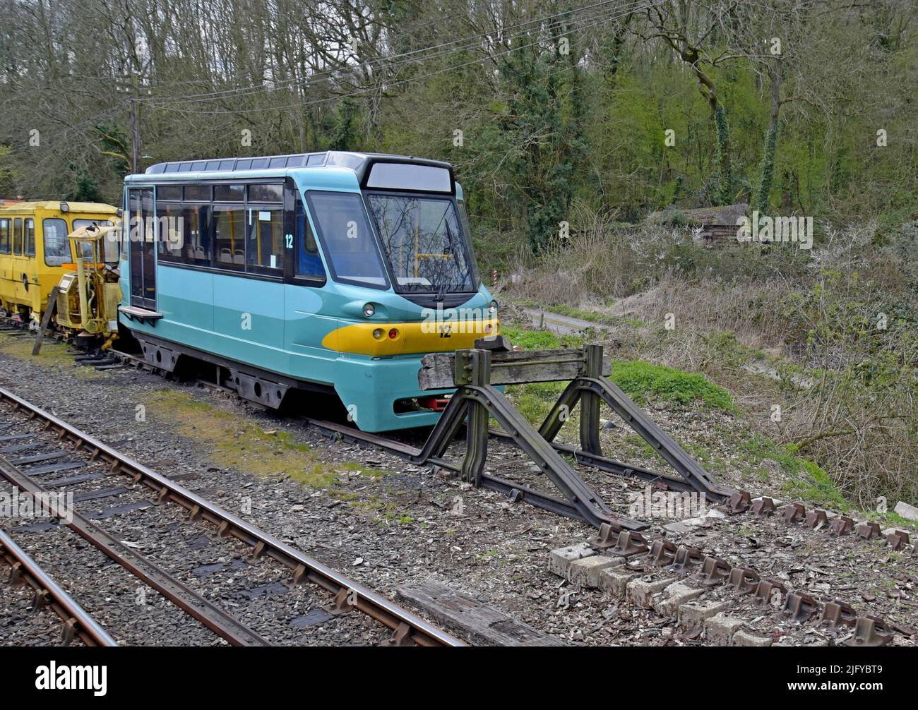 Prototype Parry People Mover in storage at Highley Station, Severn Valley Railway. Production models are operating nearby in Stourbridge Stock Photo