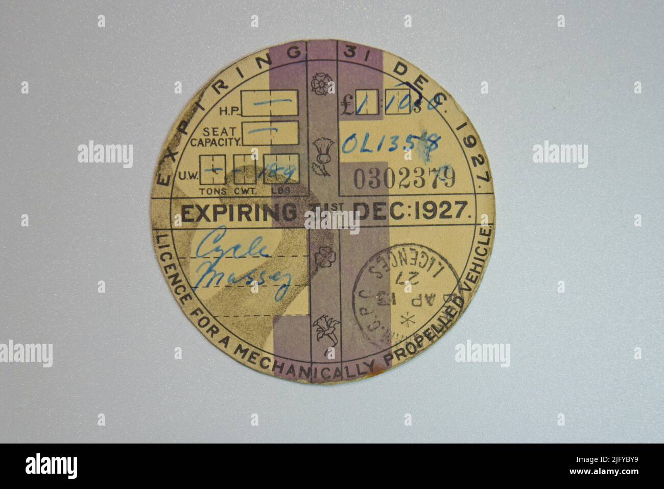 Vintage car tax disc road fund licence from 1927 Stock Photo Alamy