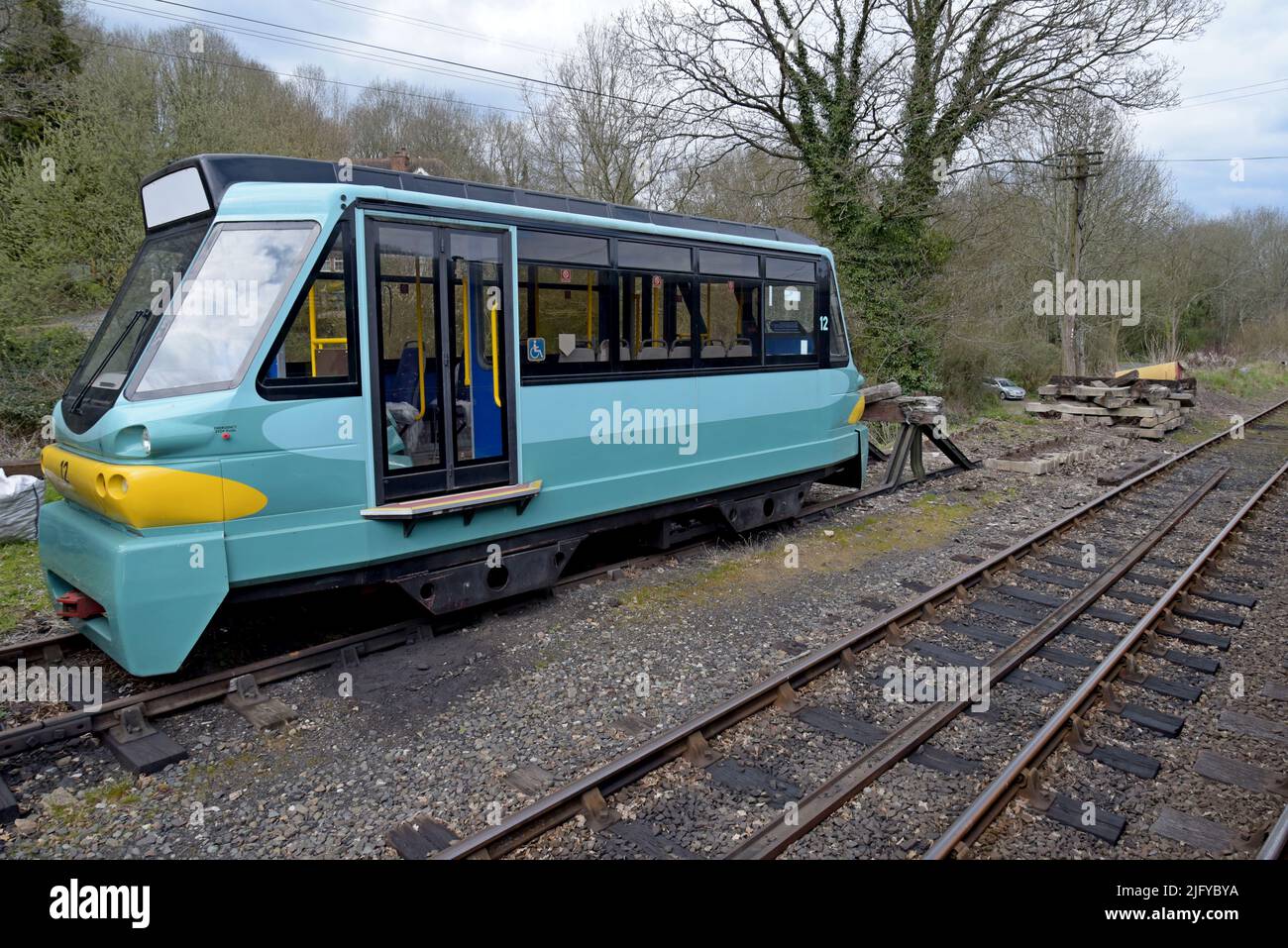 Prototype Parry People Mover in storage at Highley Station, Severn Valley Railway. Production models are operating nearby in Stourbridge Stock Photo