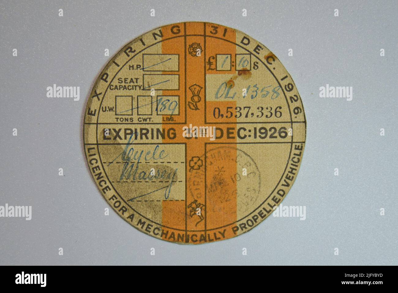 Vintage car tax disc road fund licence from 1926 Stock Photo Alamy