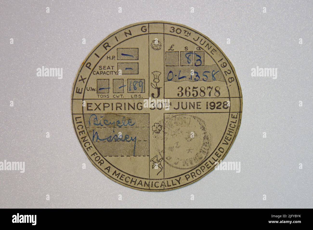 Vintage car tax disc road fund licence from 1928 Stock Photo Alamy