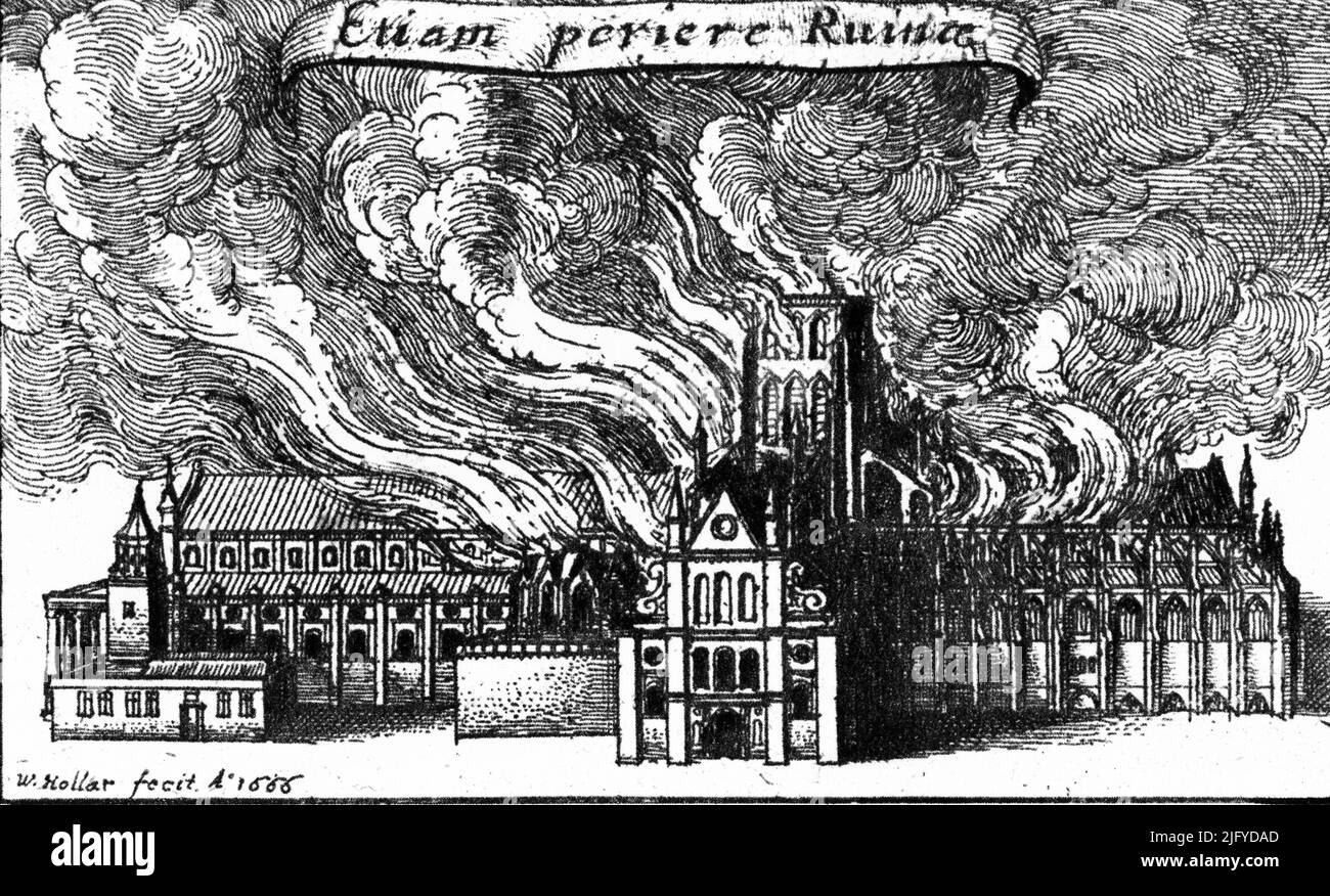 Old St. Paul's on Fire, 1666. By Wenceslaus Hollar (1607-1677). Old St Paul's Cathedral was the cathedral of the City of London that, until the Great Fire of 1666, stood on the site of the present St Paul's Cathedral. The Great Fire of London swept through the central parts of London from Sunday, 2nd September to Thursday, 6th September 1666. Stock Photo