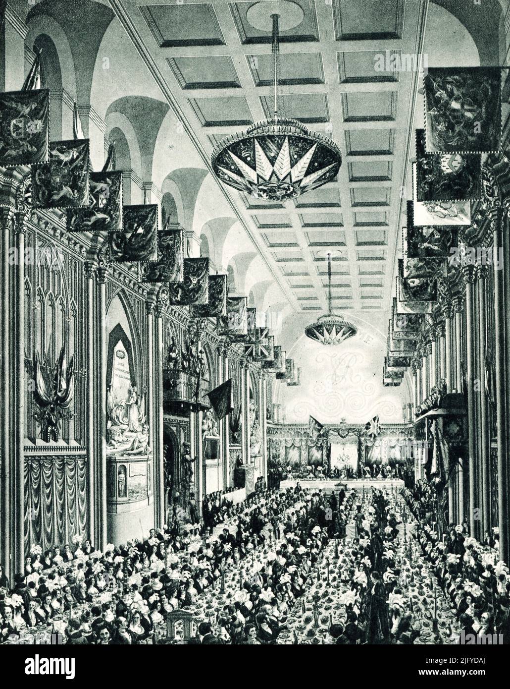 Queen Victoria attending the Lord Mayor's Banquet at the Guildhall, 9th November 1837. By Thomas Dighton. This was Queen Victoria's first public appearance after her accession to the throne. Stock Photo