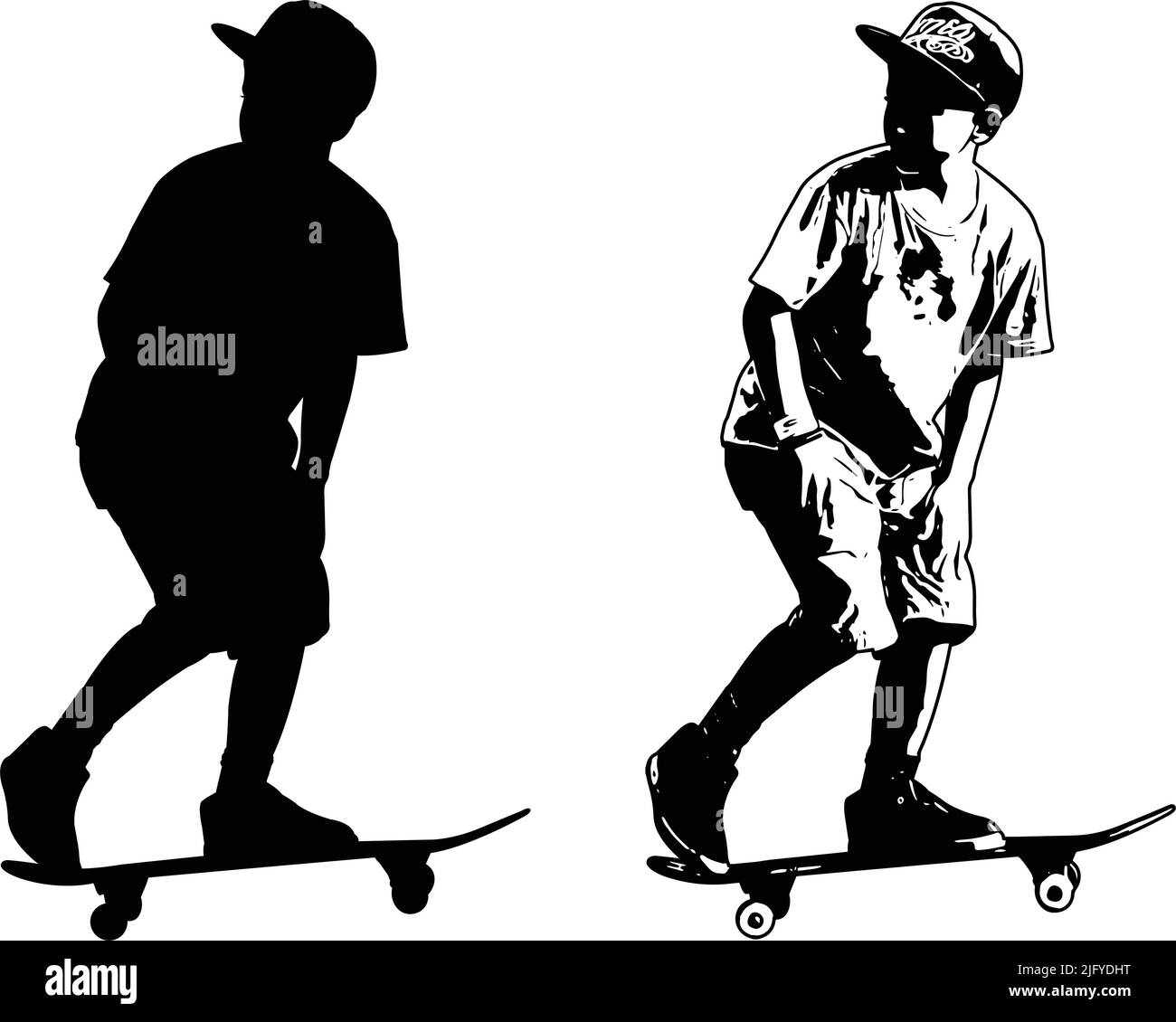 skateboarder kid, silhouette and sketch illustration - vector Stock Vector