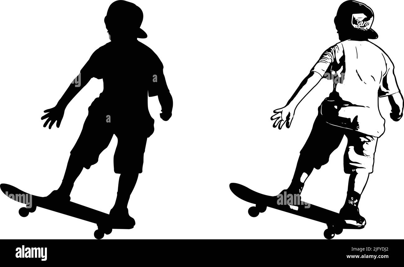 skateboarder kid, silhouette and sketch illustration - vector Stock Vector