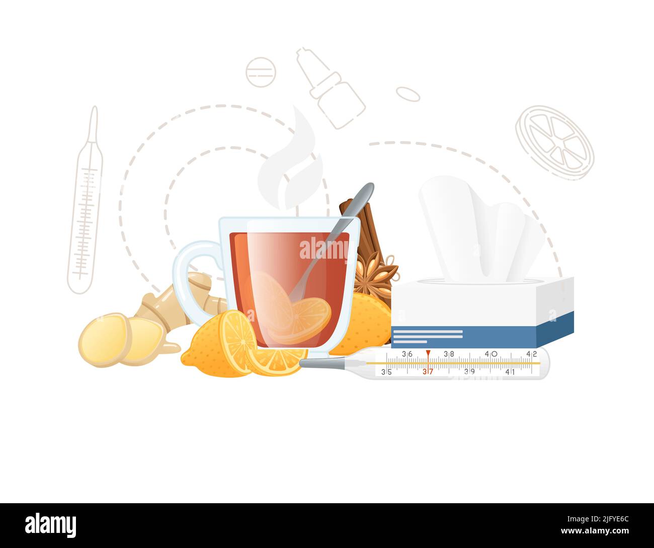 Hot tea with lemon in glass cup with napkins and thermometer for home remedies treatment against cold disease vector illustration on white background Stock Vector