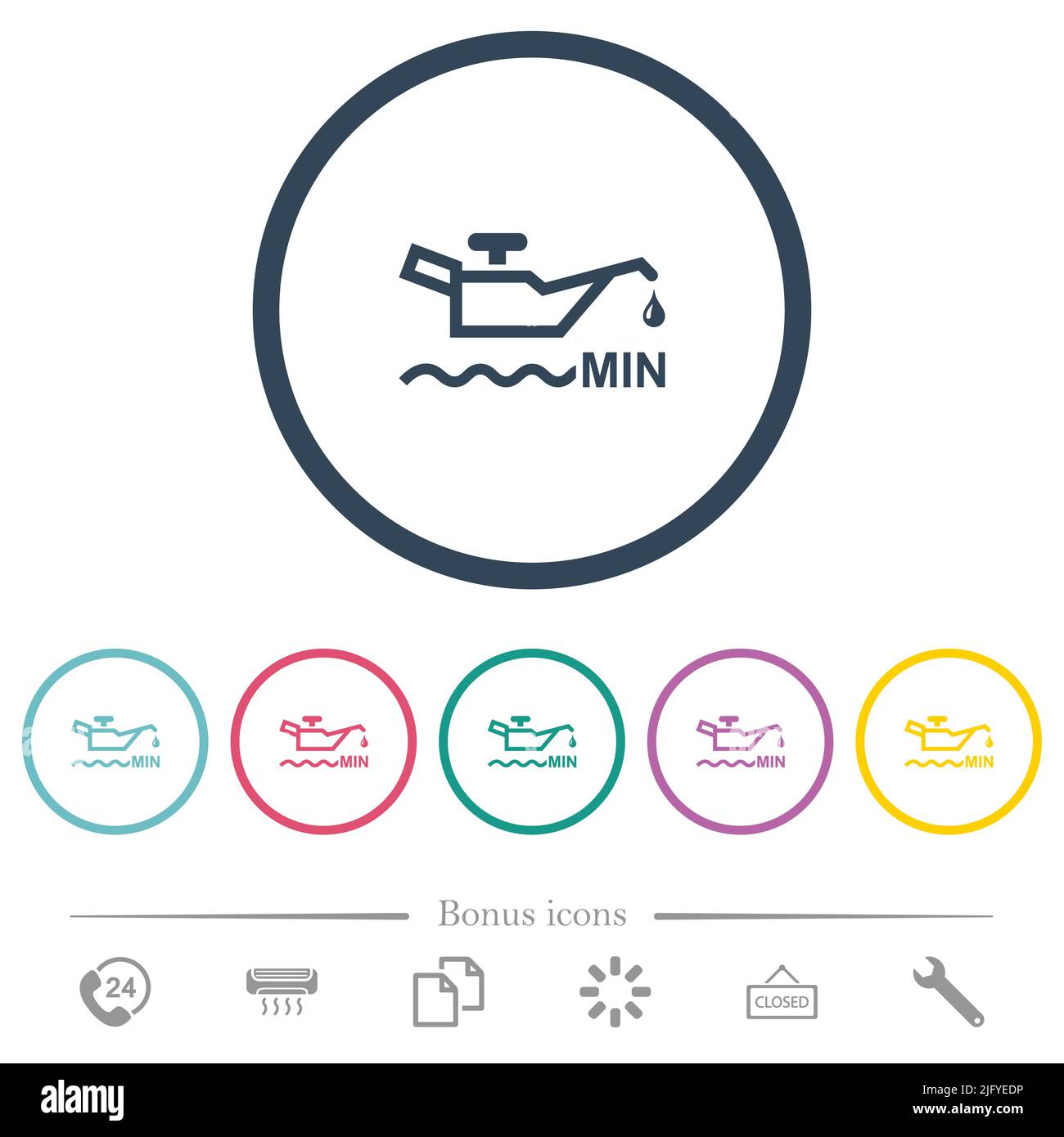 Oil level minimum indicator flat color icons in round outlines. 6 bonus