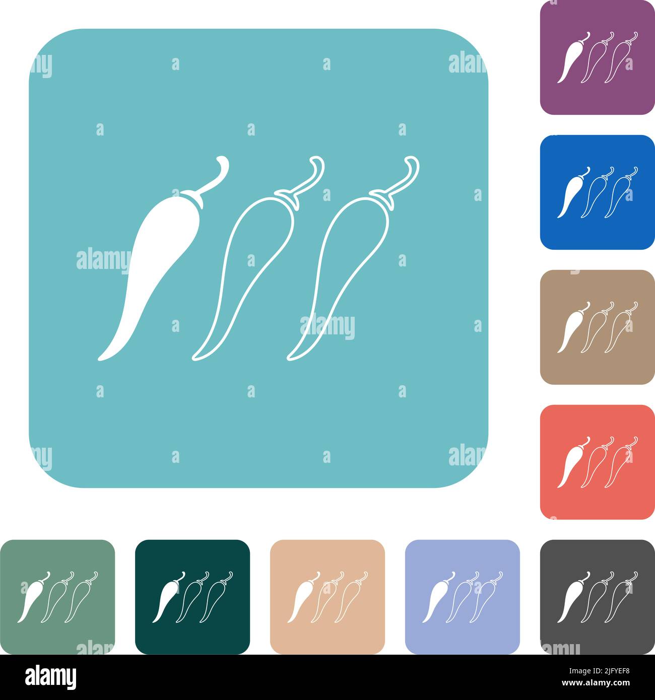 Mild chili pepper level white flat icons on color rounded square ...