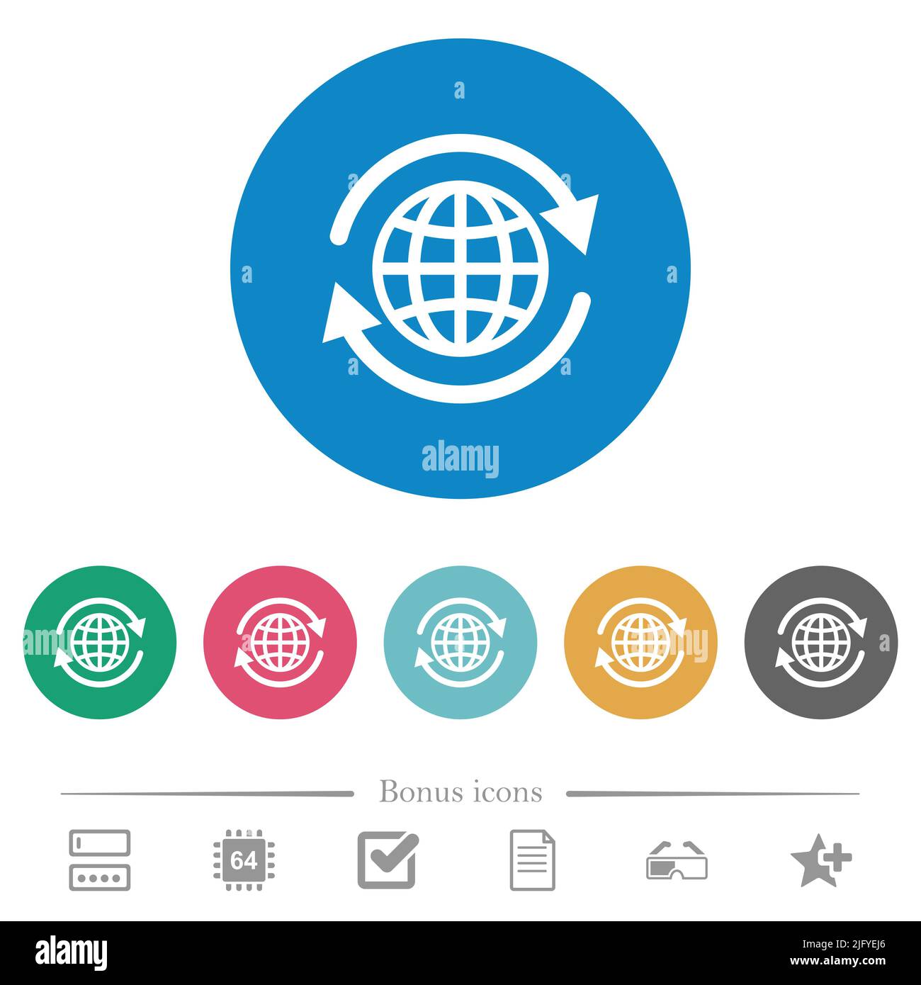 International flat white icons on round color backgrounds. 6 bonus ...