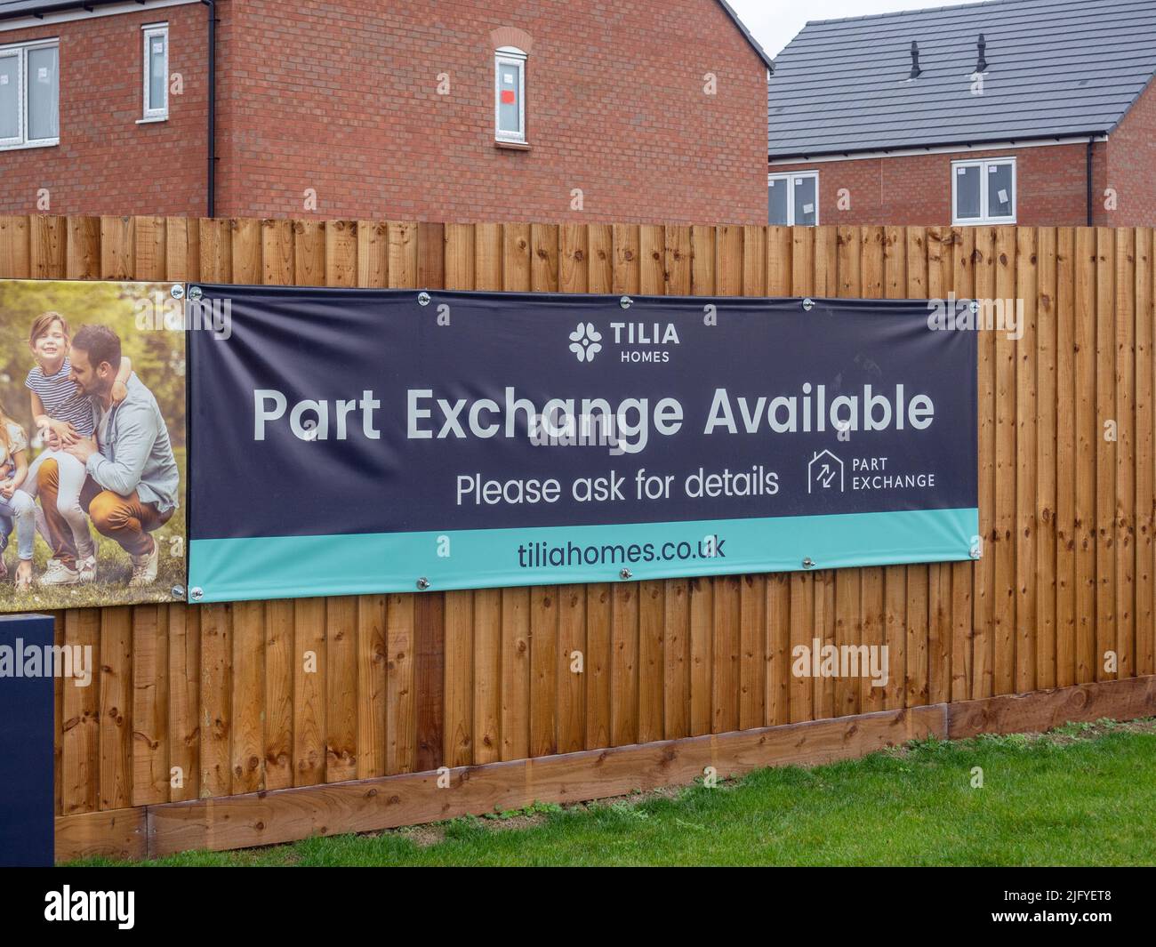 Tilia Homes banner indicating Part Exchange Available on a new housing estate, Wootton, Northampton, UK; theme for stimulating the housing market Stock Photo