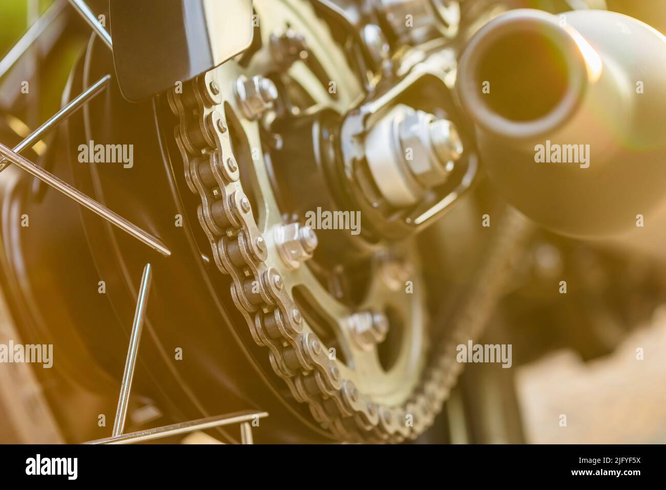 Macro clean rear chains and sprocket of motorcycle wheel. Motorcycle