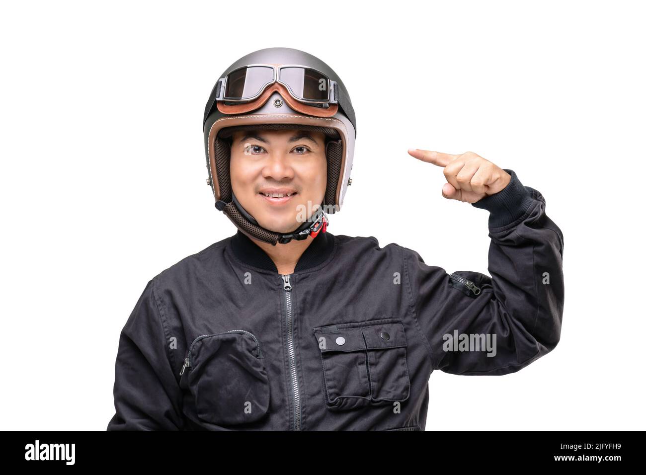 Motorcyclist or rider wearing vintage helmet. Safe ride campaign concept. Studio shot isolated on white background Stock Photo