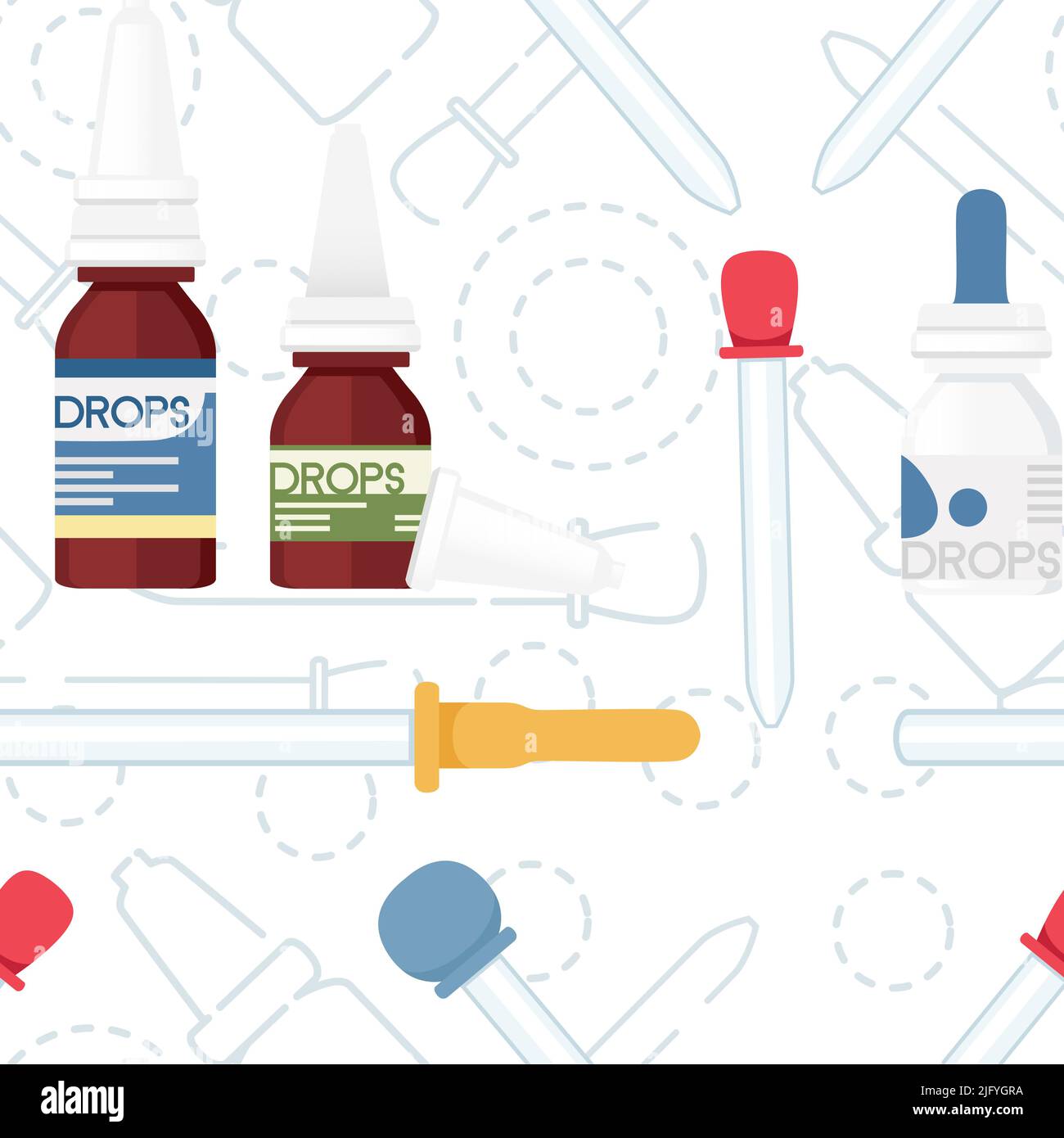 Seamless pattern Medicines with different drops and pipettes cold treatment vector illustration on white background Stock Vector