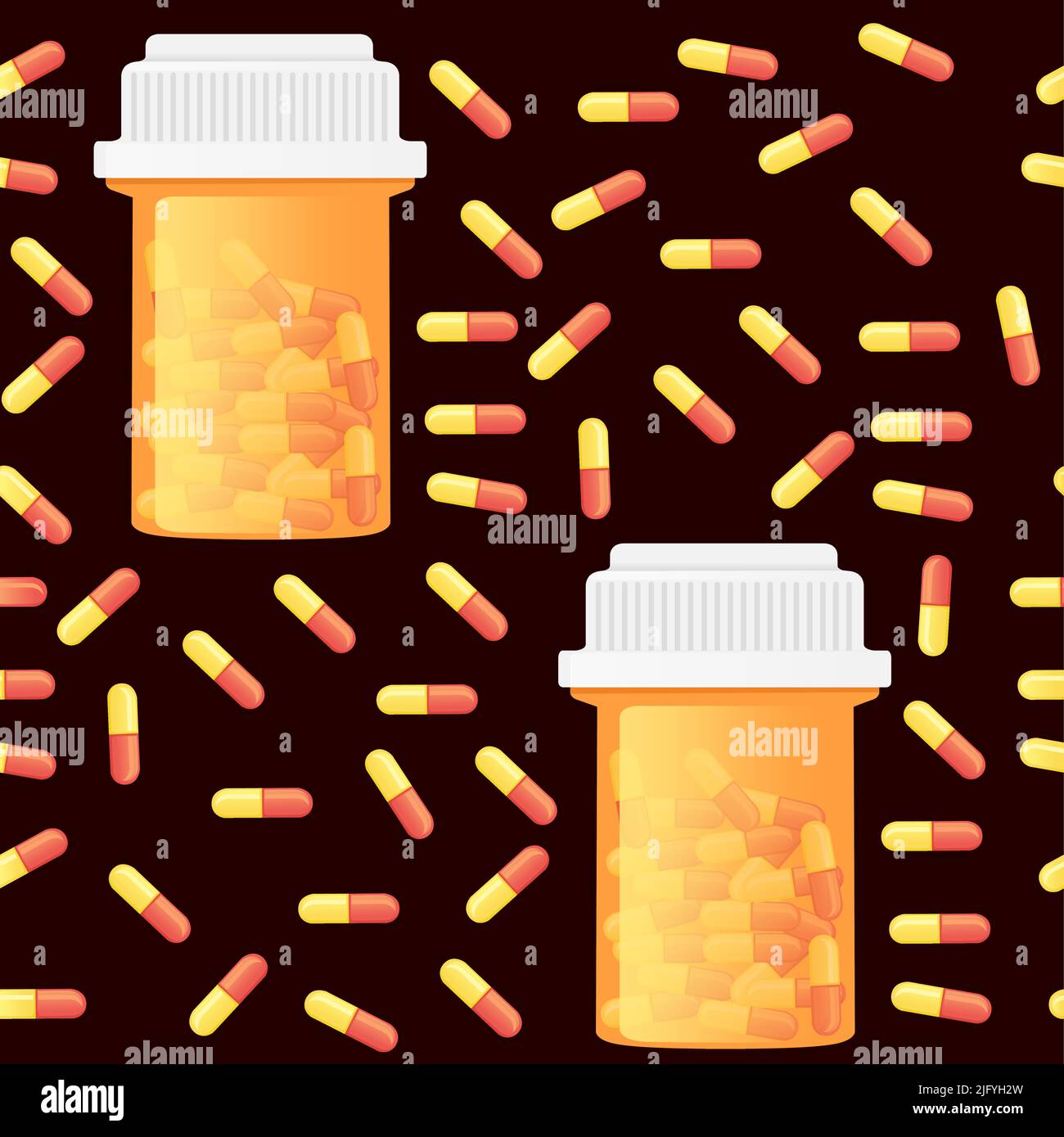 Seamless pattern with full medical pill bottles vector illustration on dark background Stock