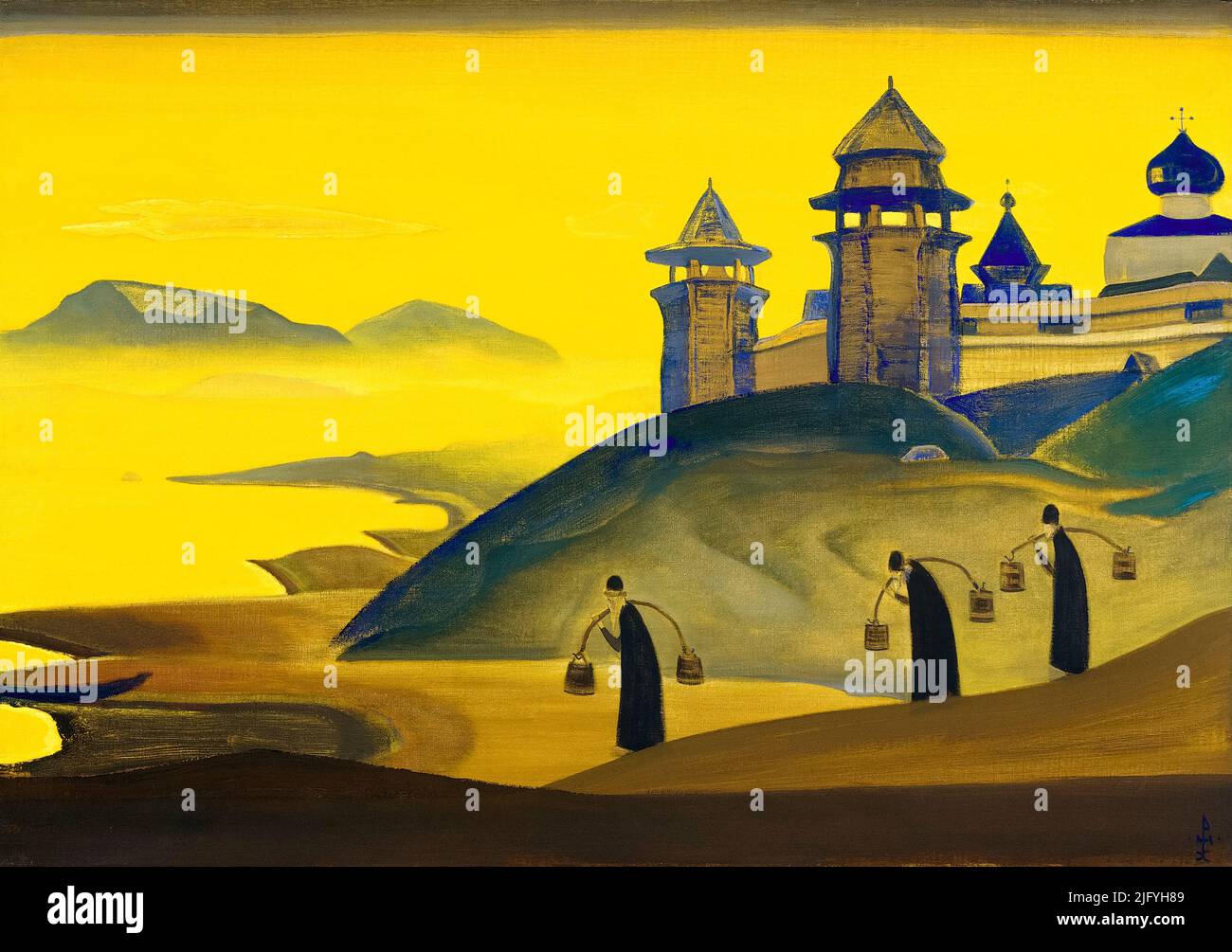 Nicholas Roerich, And We are Working, painting in tempera on canvas, 1922 Stock Photo
