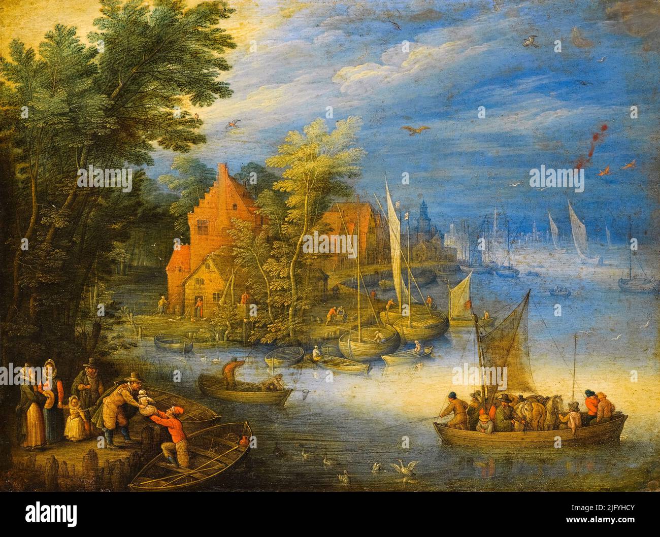 Jan Breughel the Younger, A Town On The Banks Of A Wide River, With A, Heavily Laden Ferry, Approaching The Shore, In The Forgeound, painting in oil on copper, before 1678 Stock Photo