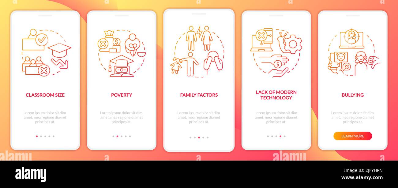 Public schools challenges red gradient onboarding mobile app screen Stock Vector