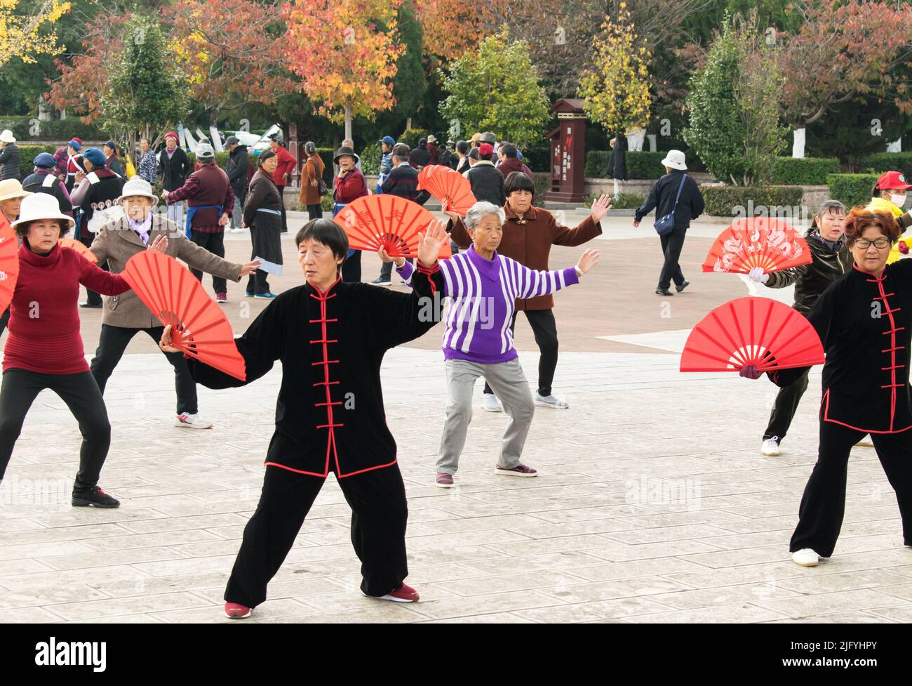 Chinese seniors practice  Tai Chi with kung fu fans early in the morning in lijiang city square. Stock Photo