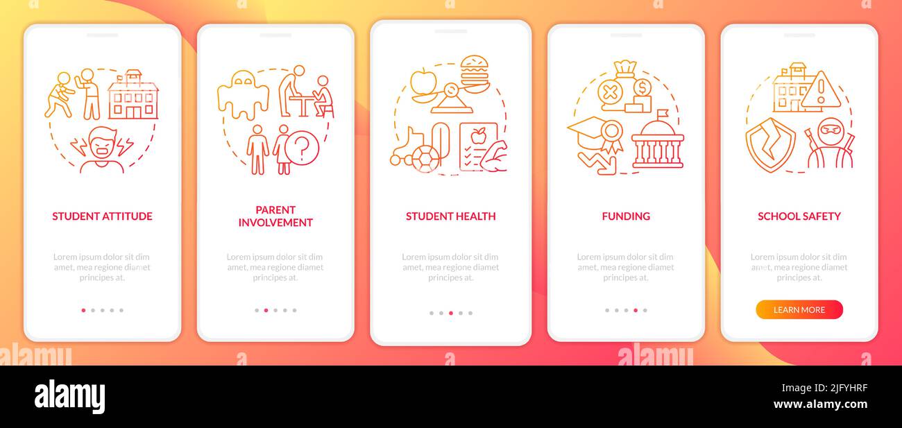Problems in public schools red gradient onboarding mobile app screen Stock Vector