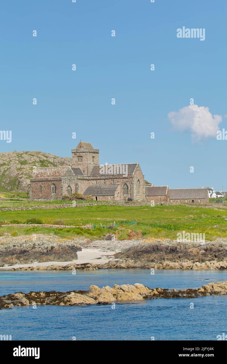 Iona Abbey from Sound of Iona, Inner Hebrides Stock Photo