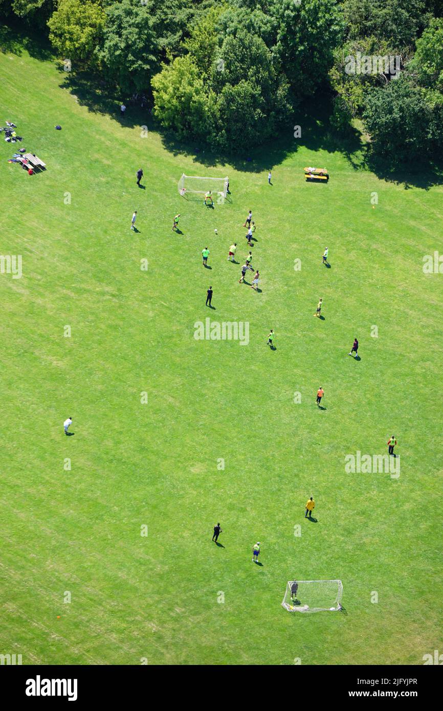 A football match as seen from above in Donaupark, Vienna Stock Photo