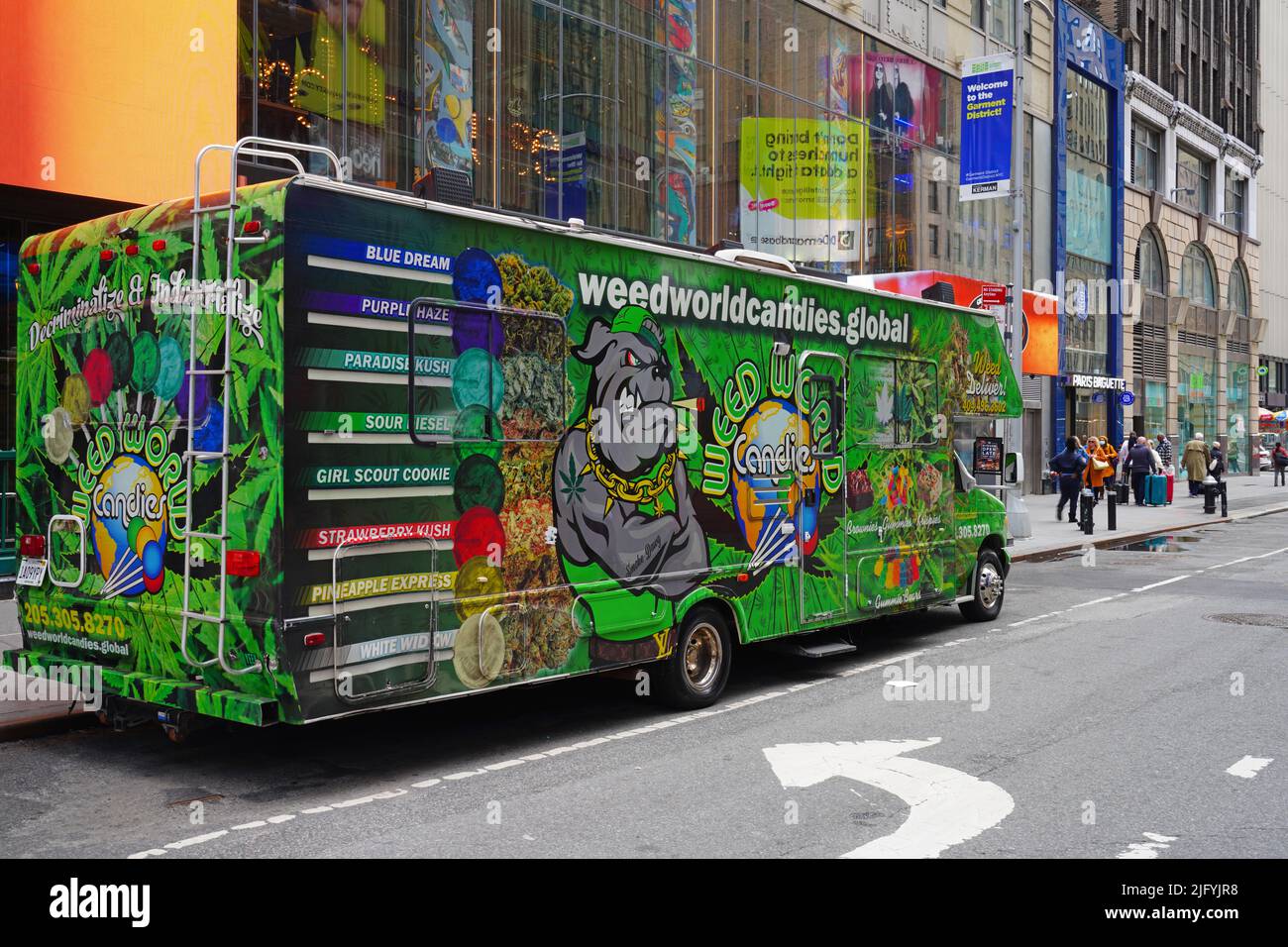 NEW YORK CITY, NY 20 MAR 2022 View of a mobile weed truck on the street in New York City, USA