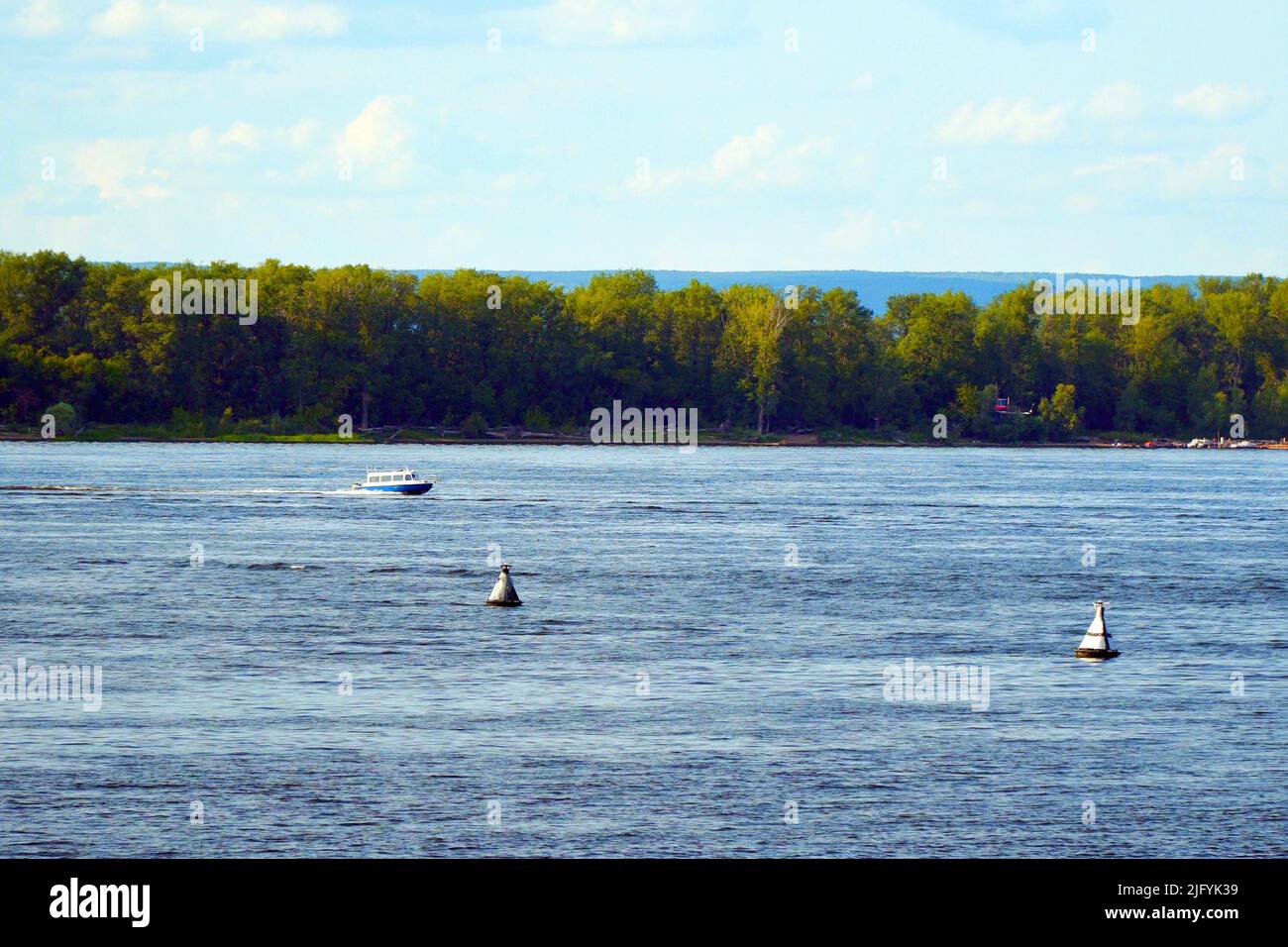 Pleasure boat sailing on the Volga river Stock Photo