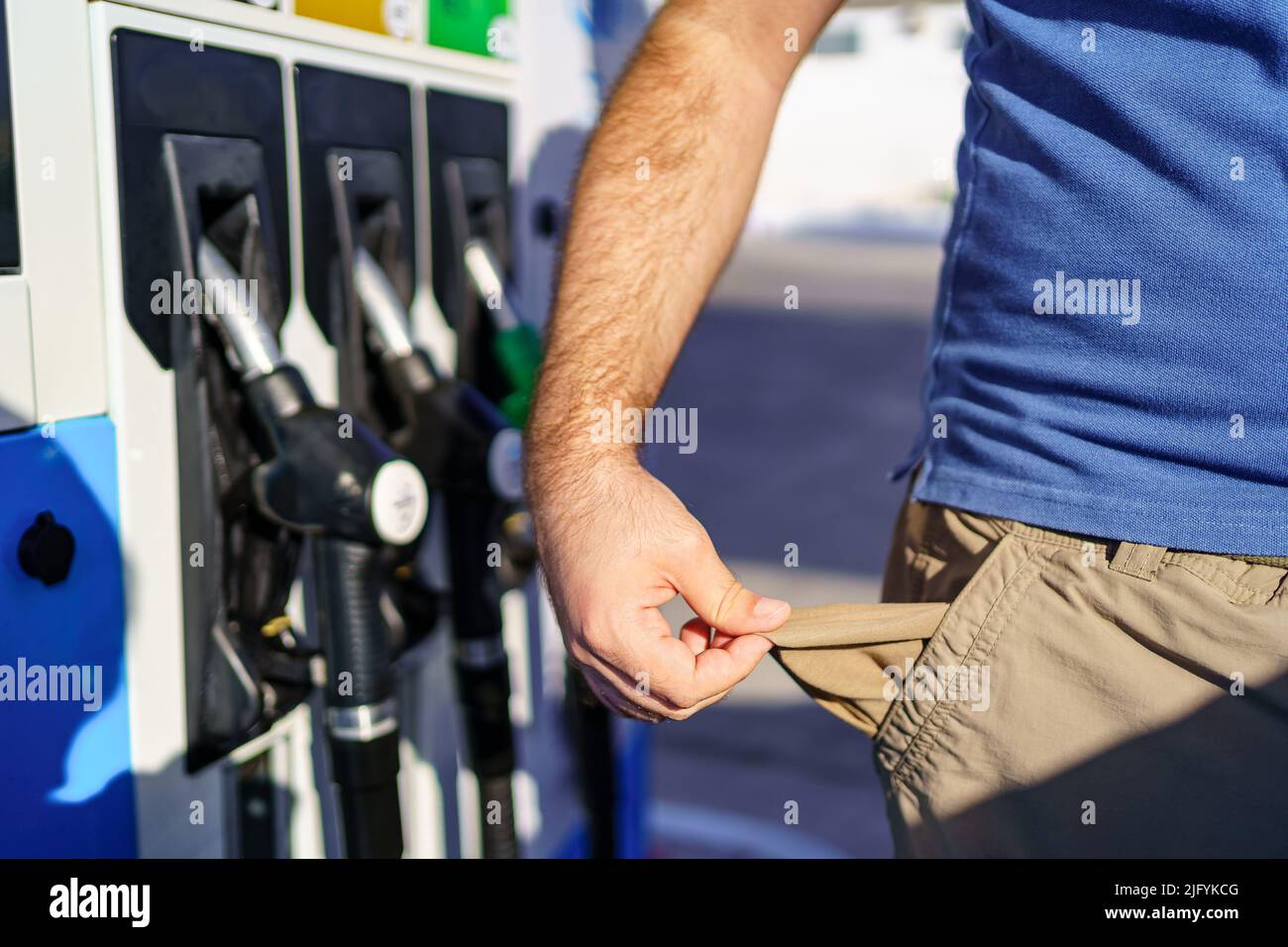 Man with empty pockets in sign of high fuel prices at gas stations Stock Photo Alamy