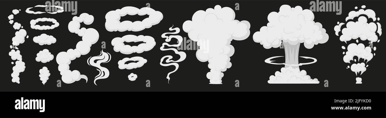 Smog smell collection, puff smoke, explosion elements. Steaming cloud flows, clouds vector illustrations set. Cartoon smoke or dust clouds, smoke puff, stream cloud elements. Steaming dust silhouettes Stock Vector