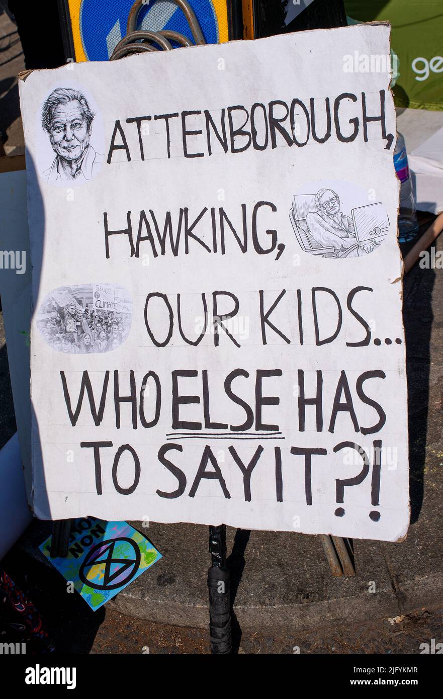 Climate change protest signs at the Extinction Rebellion demonstration, London, in protest of world climate breakdown and ecological collapse. Stock Photo