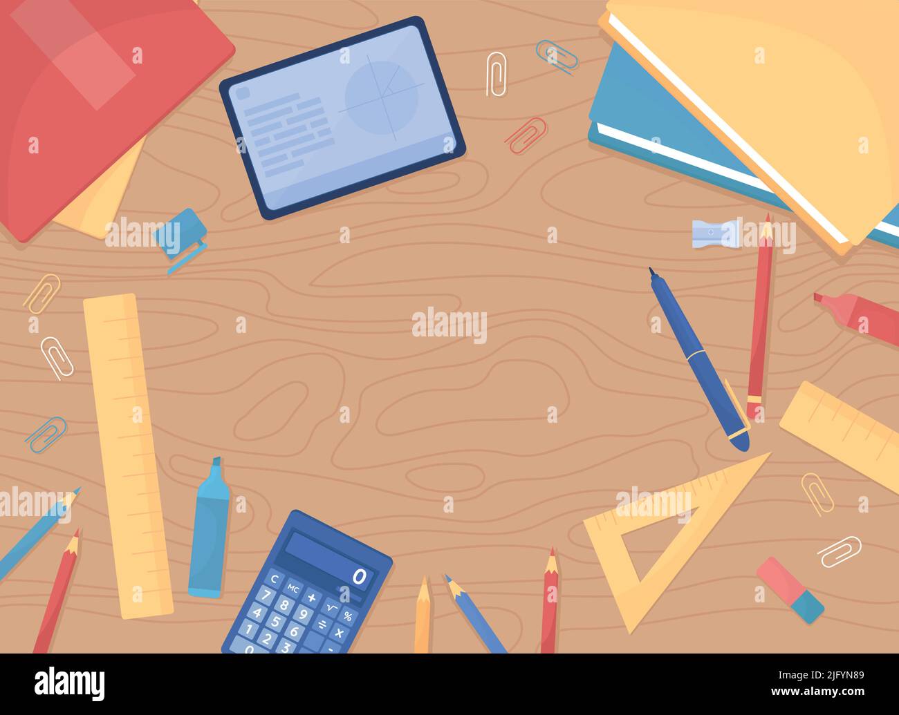 Wooden desk top with stationery essentials flat color vector background template Stock Vector