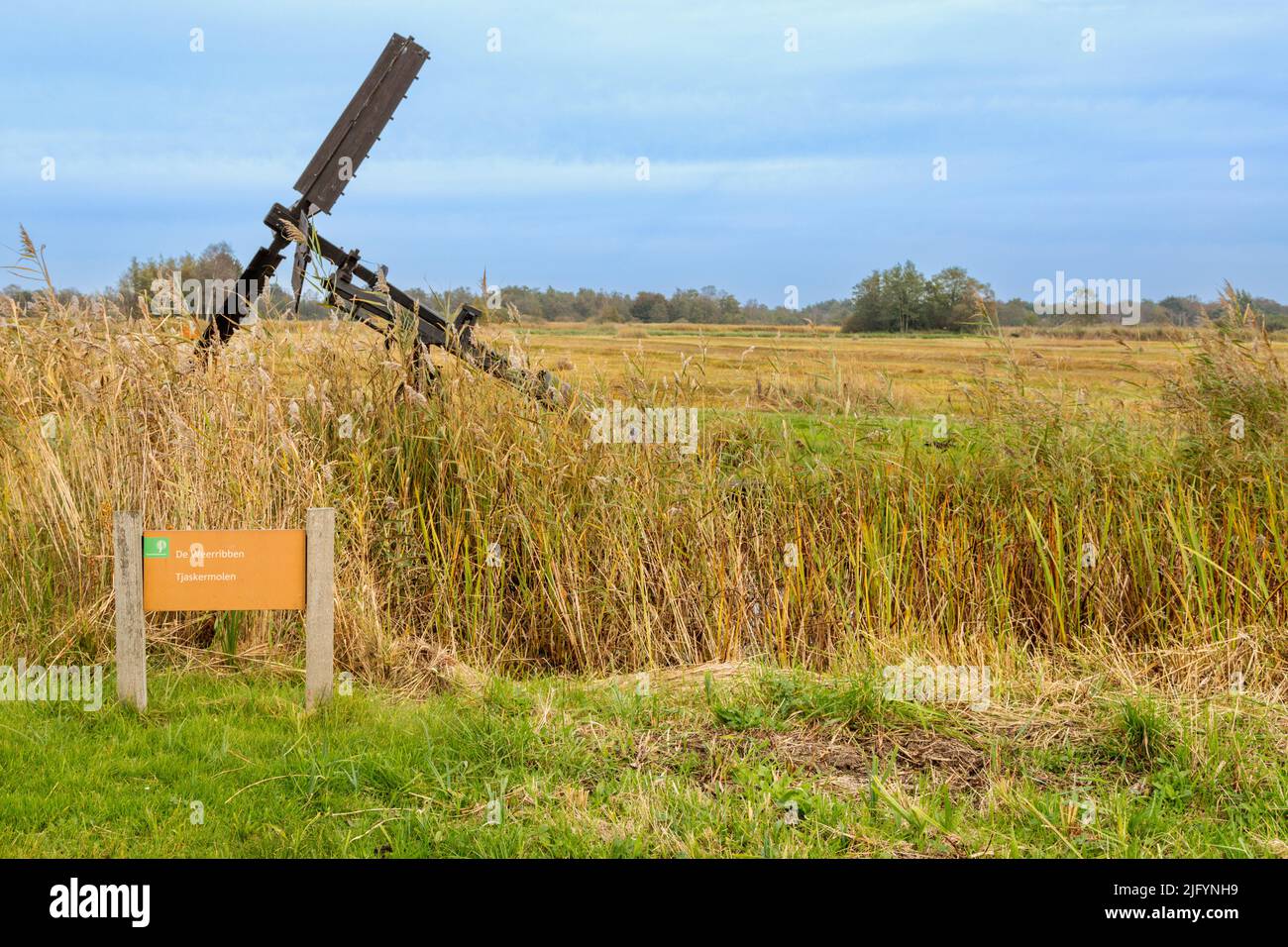 A Tjasker, a small type of windmill used for drainage purposes in the National Park of the Weerribben-Wieden, Overijssel, The Netherlands. Stock Photo