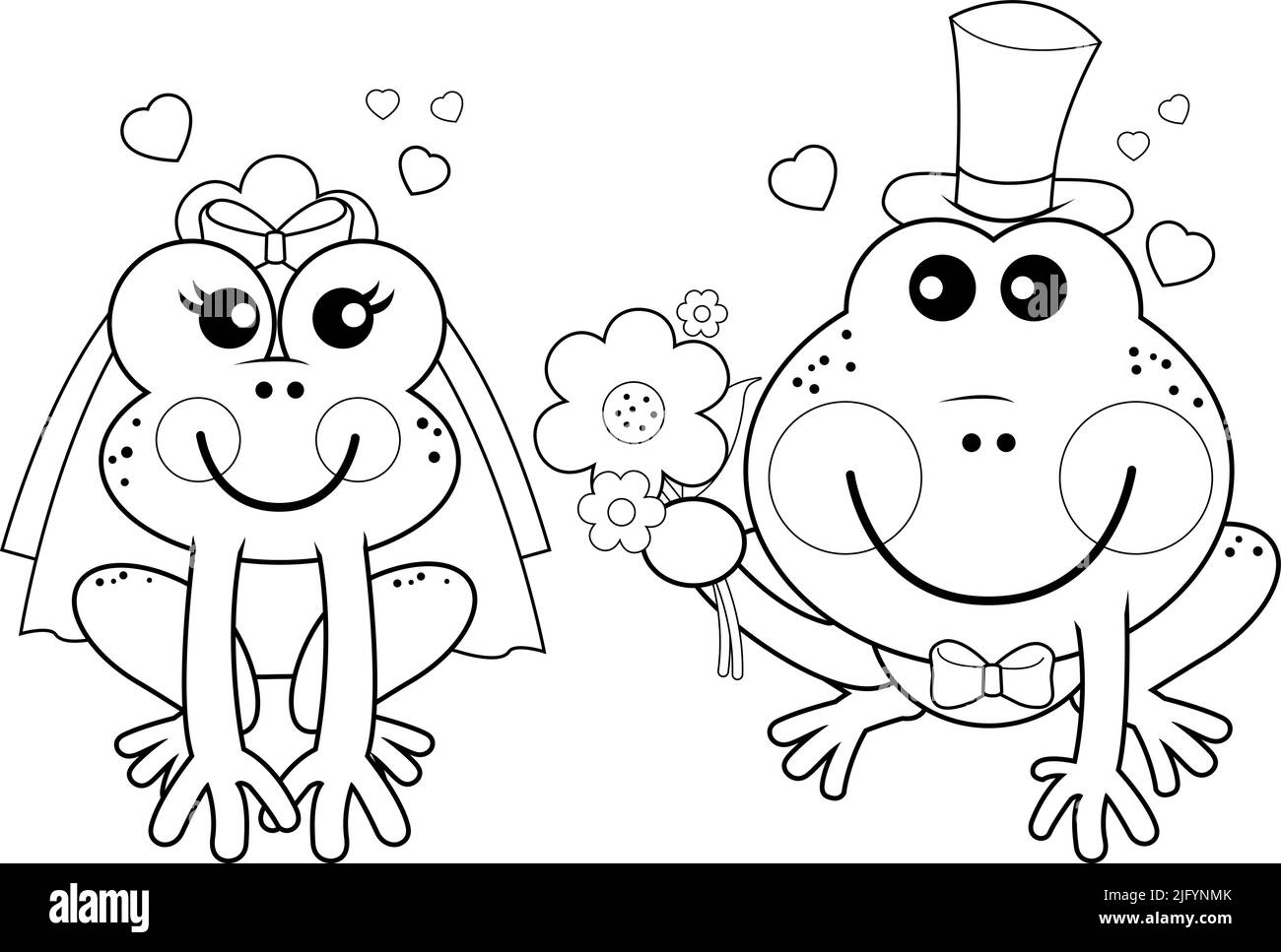 Cartoon bride and groom frogs. Frogs wedding. Vector black and white coloring page Stock Vector