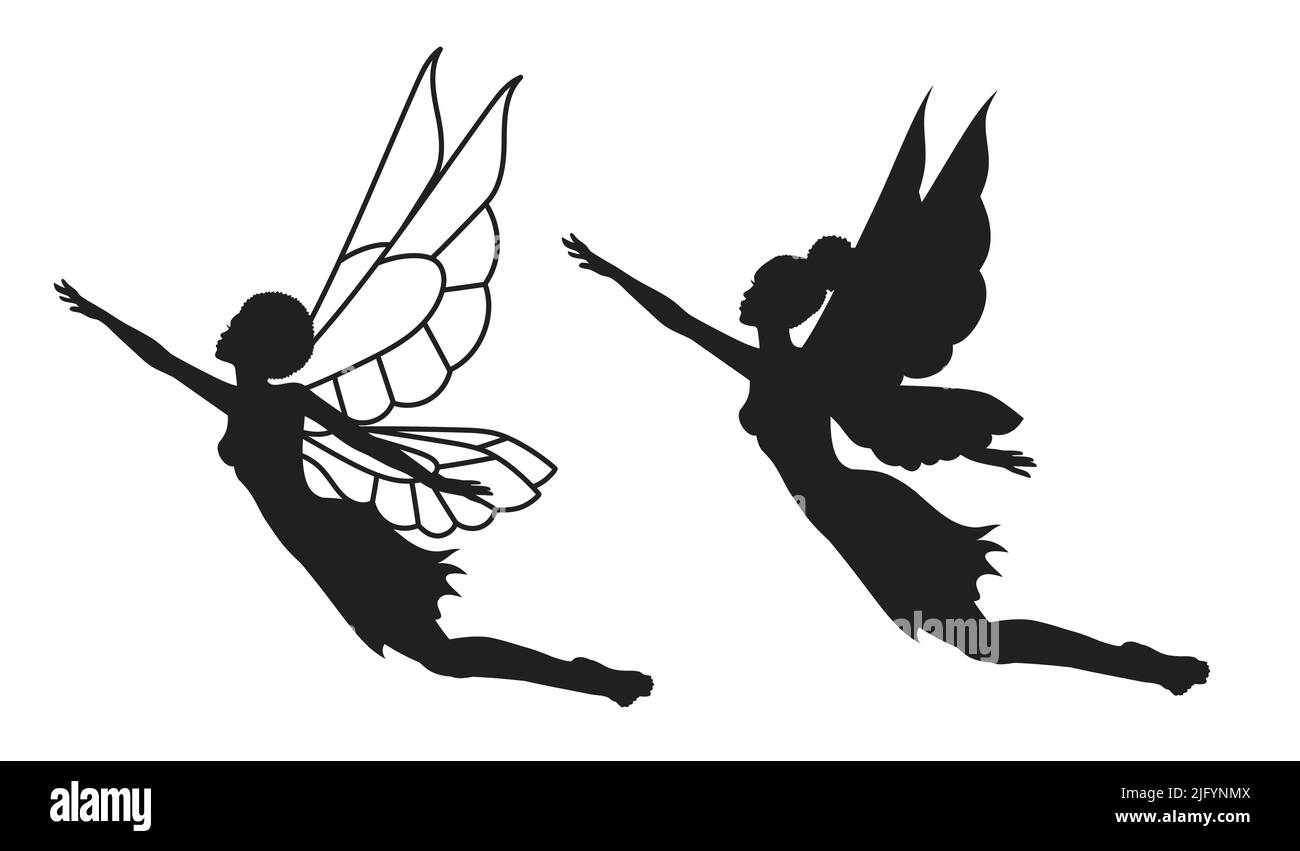 Collection of silhouettes of an Afro fairy woman. Stock Vector