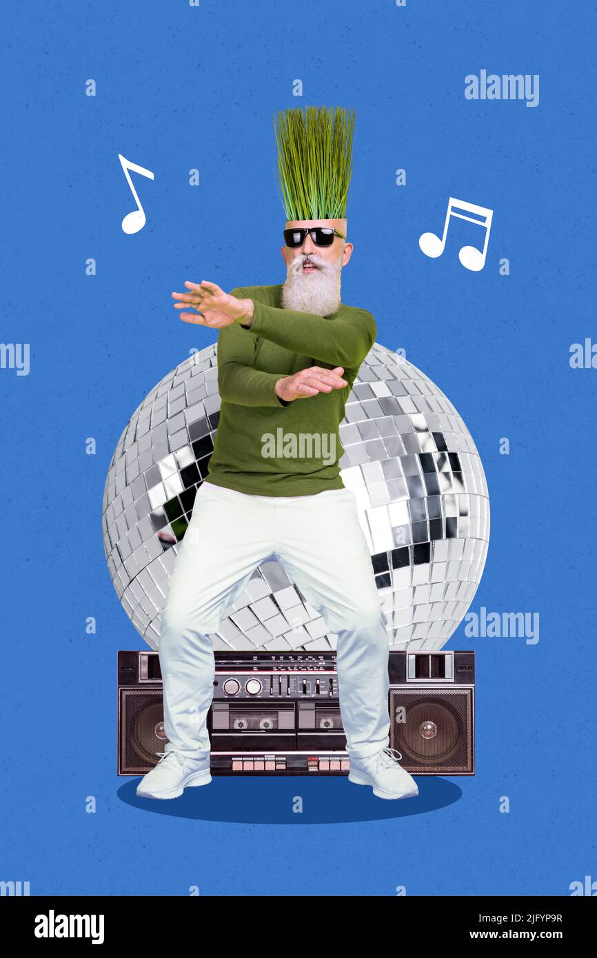 Artwork magazine picture of funny guy green fresh grass instead oh hair  dancing nightclub isolated painting blue background Stock Photo - Alamy