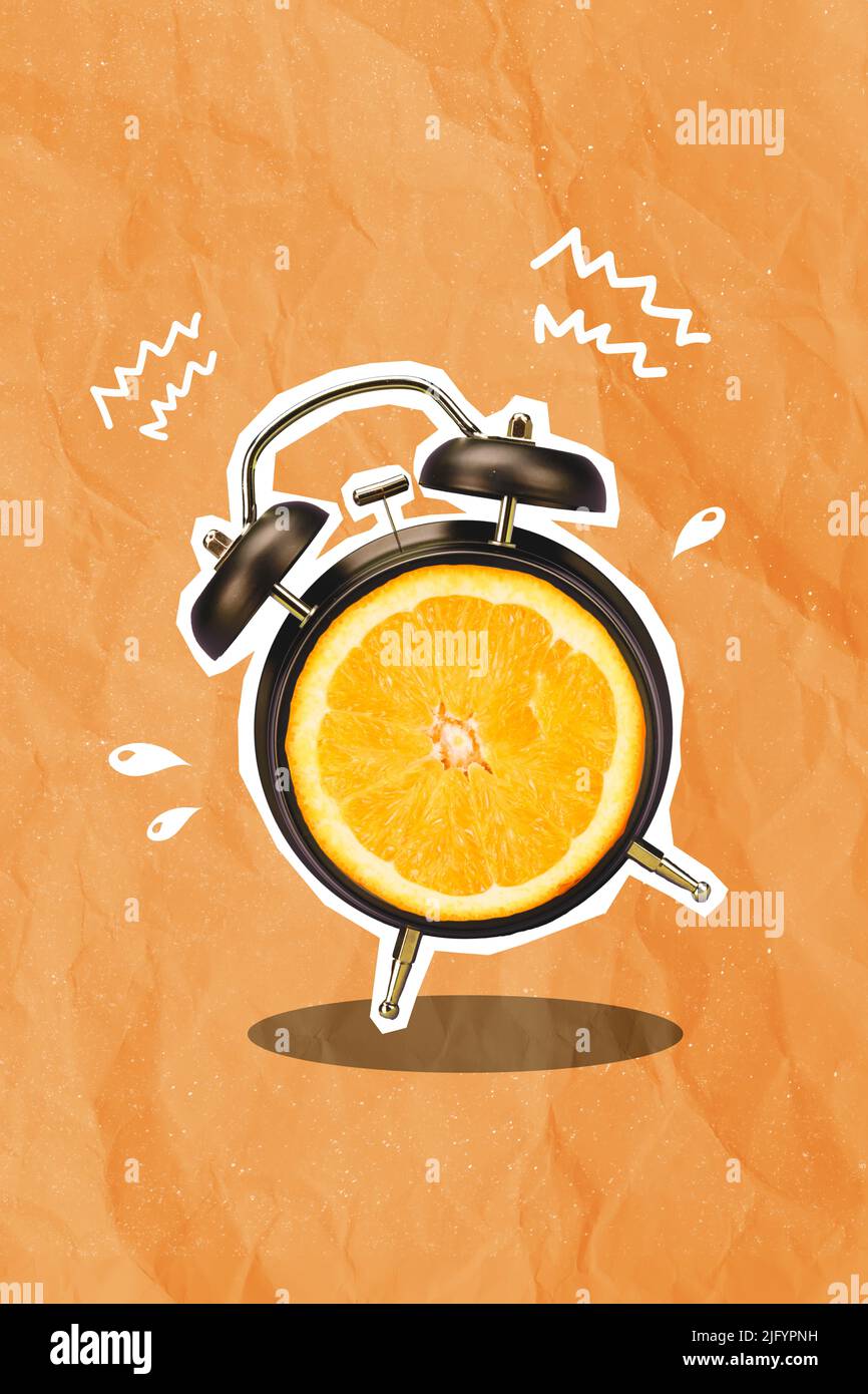 Vertical composite collage picture of classic clock bell ring orange slice inside isolated on drawing creative background Stock Photo