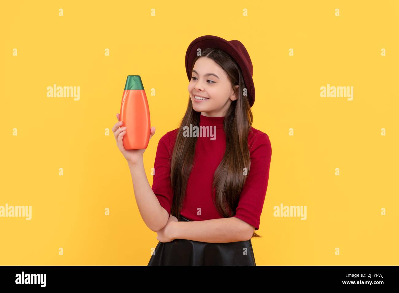 presenting cosmetic product for teen. kid use shower gel. shampooing