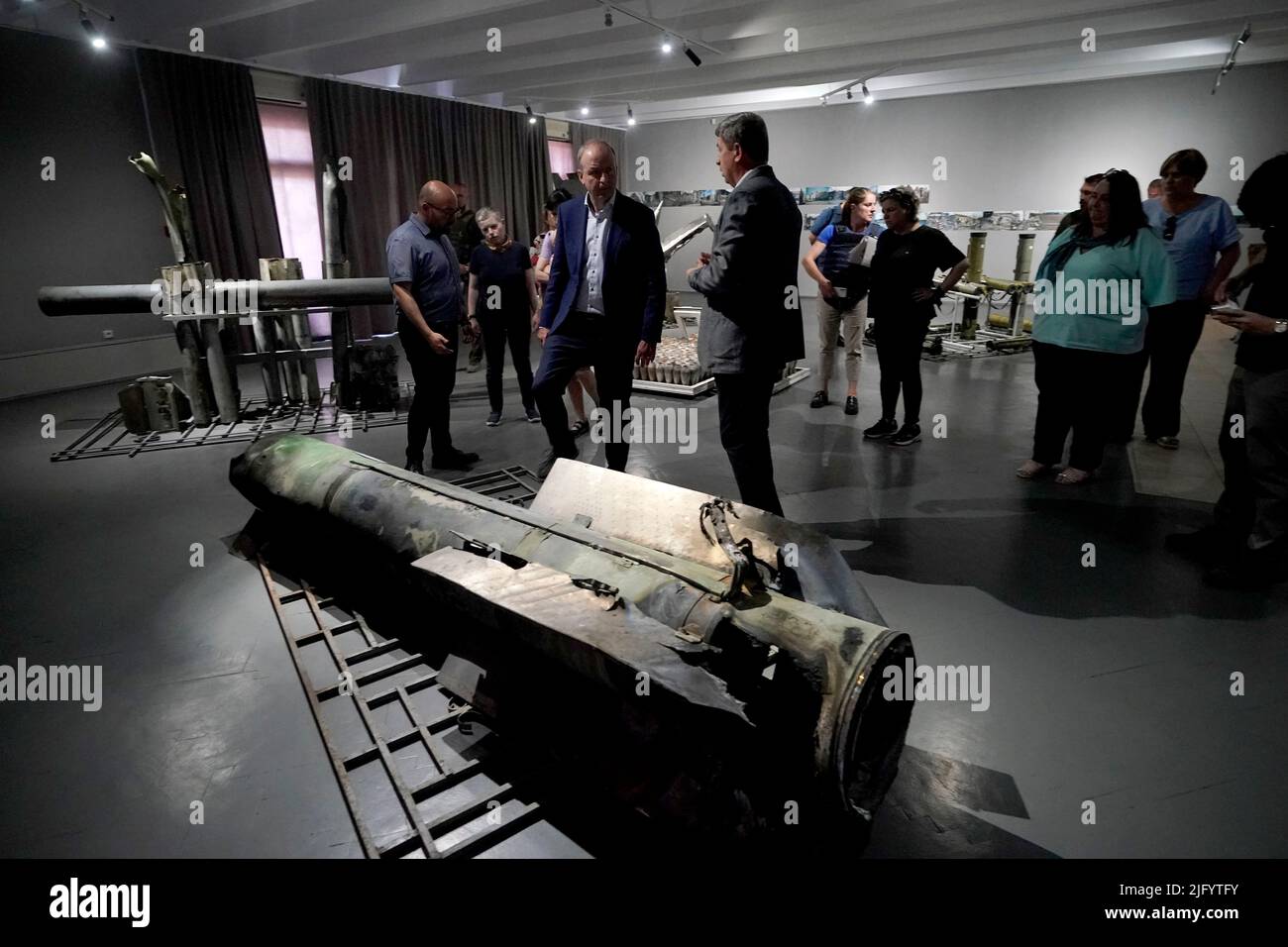 Taoiseach Micheal Martin views Buk missile exhibit at the Crucified Ukraine Exhibition at the National Museum of the History of Ukraine in the Second World War, in Kyiv, as he visits the region to reiterate Irish solidarity with the Ukrainian authorities in the face of the Russian invasion. Picture date: Wednesday July 6, 2022. Stock Photo