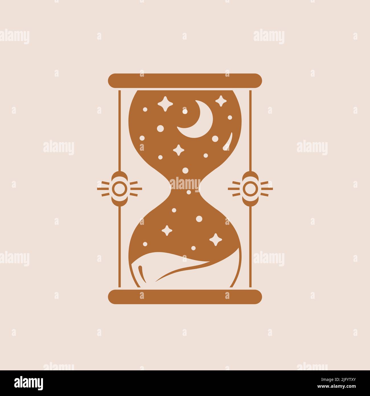 Hourglass logo. Trendy boho illustration with sandglass, moon and stars. Vector isolated esoteric emblem. Stock Vector