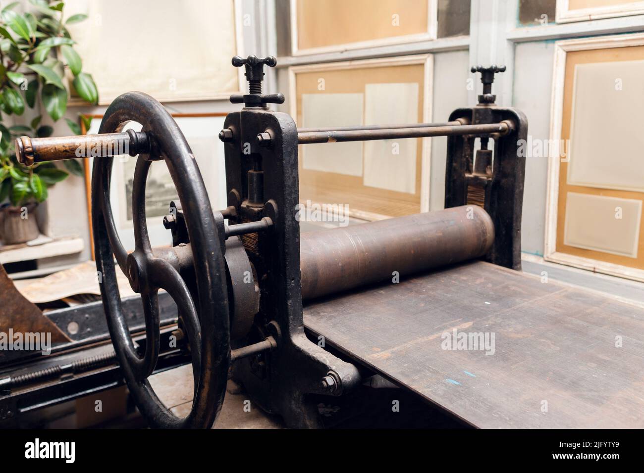 Old printing press, historical exhibition Stock Photo