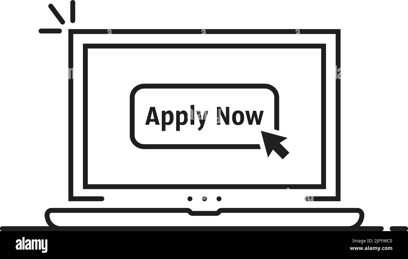 apply now button in thin line laptop Stock Vector