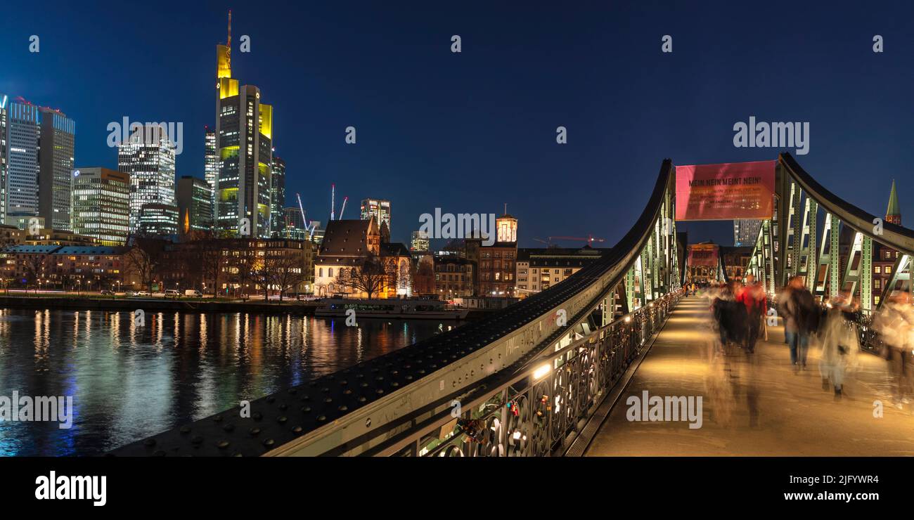 View from Eiserner Steg Bridge across Main River to the skyline of Frankfurt am Main, Hesse, Germany, Europe Stock Photo